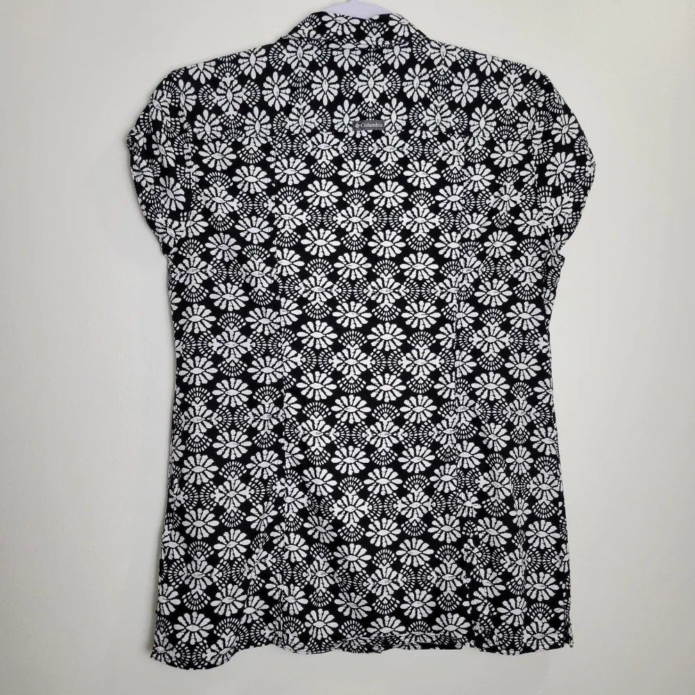 Columbia Geometric Abstract Cap Sleeves Floral Print Black Shirts M - Picture 2 of 8